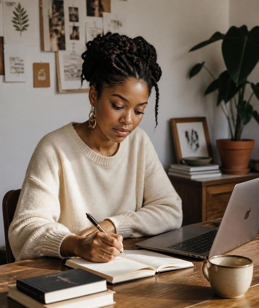 A Black woman founder writing at her desk
