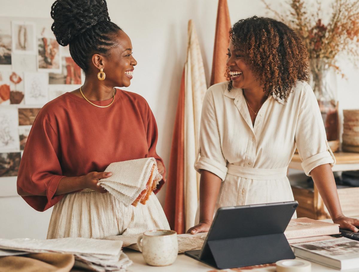 Two Black women founders laughing together in their studio